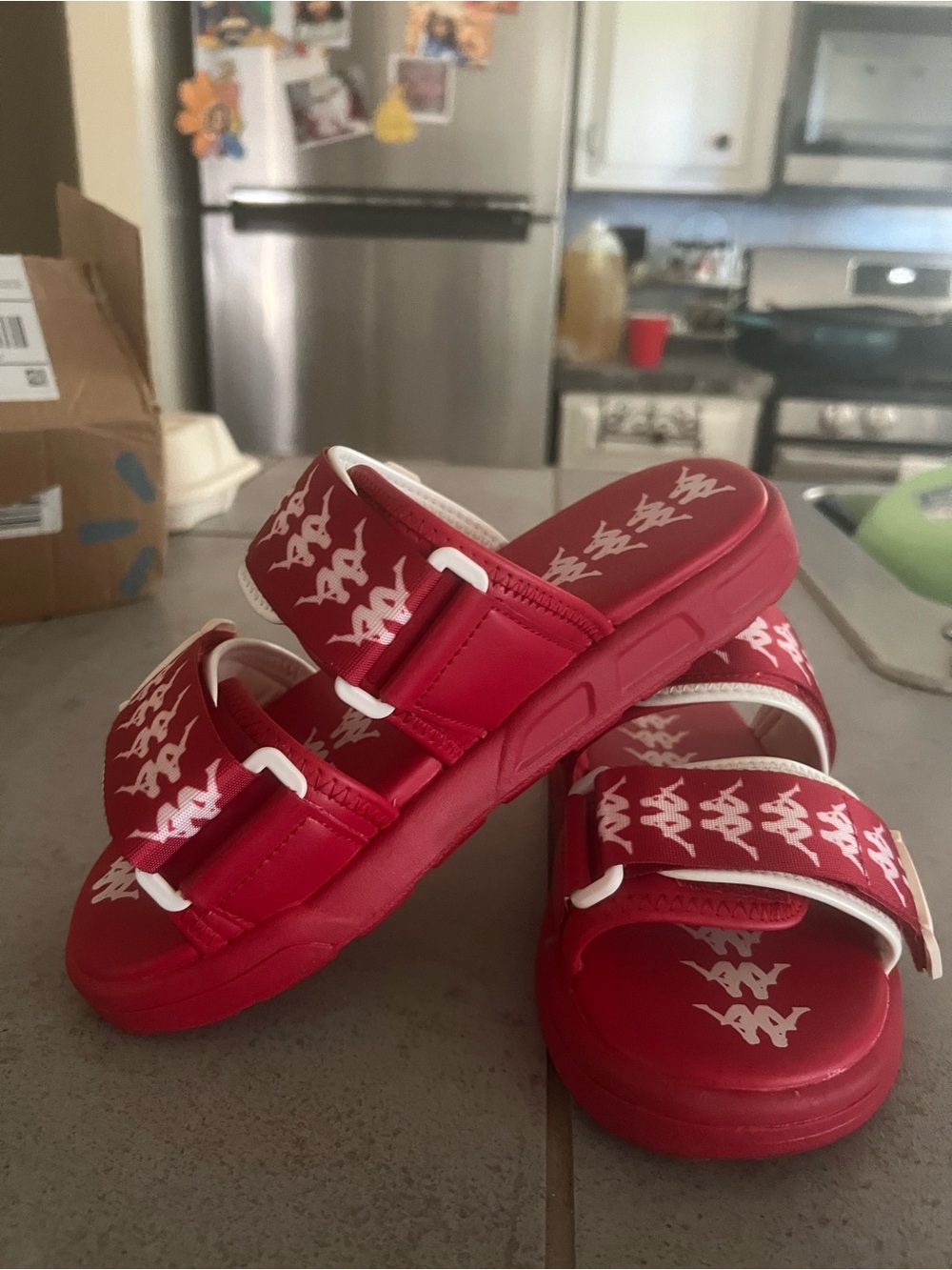 Kappa Red Slide Sandals with White Logo Pattern